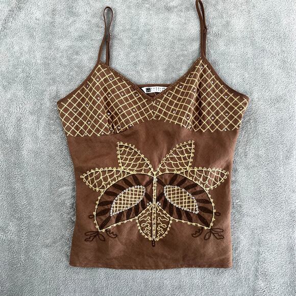 Vintage Carole Little Babydoll Top Beaded Brown Women's M 100% Linen Y2K - Picture 1 of 9